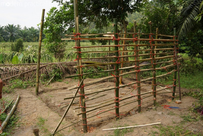 The beginning stages of building a tool shed with mud and bamboo.