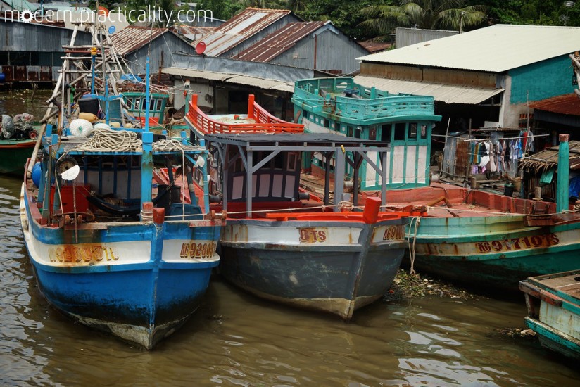 Boats docked along the Mekong Delta.